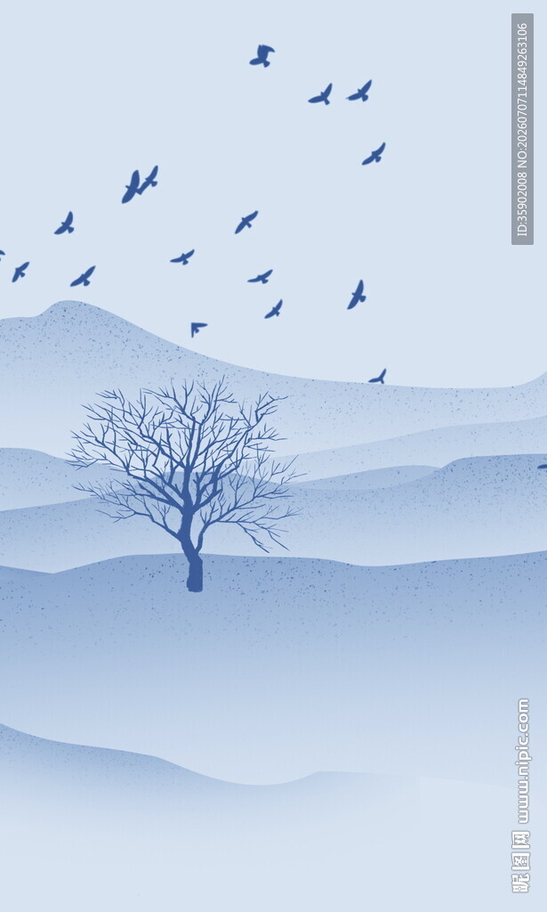 孤树飞鸟静谧山水图景