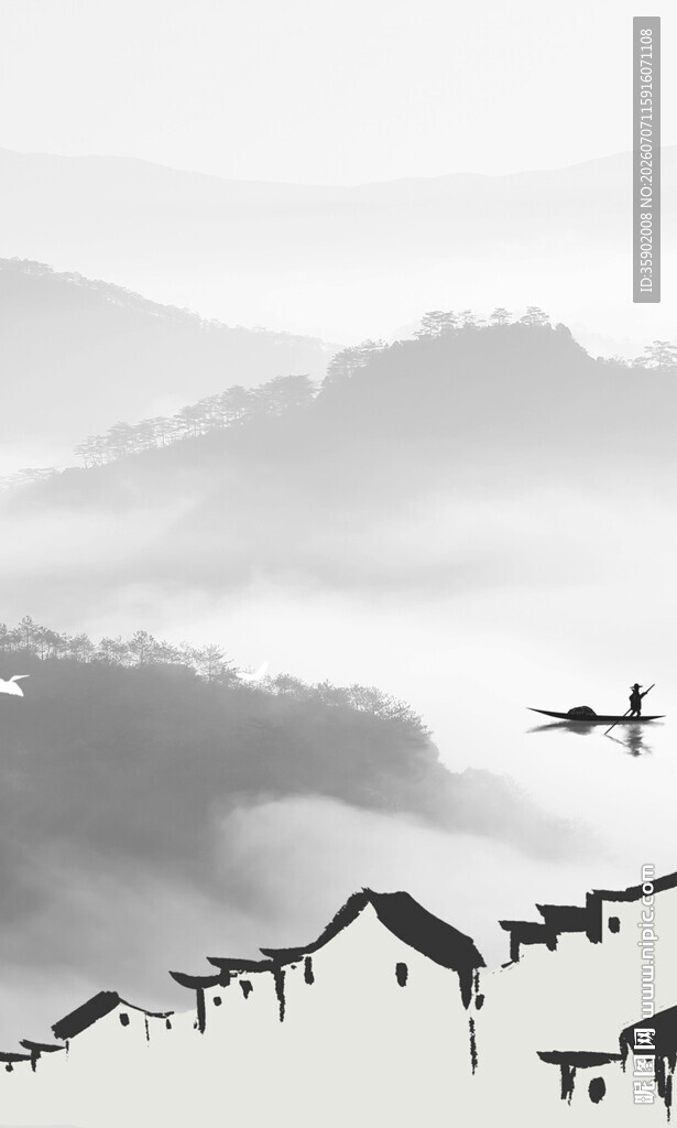 水墨山村孤舟穿行云雾间