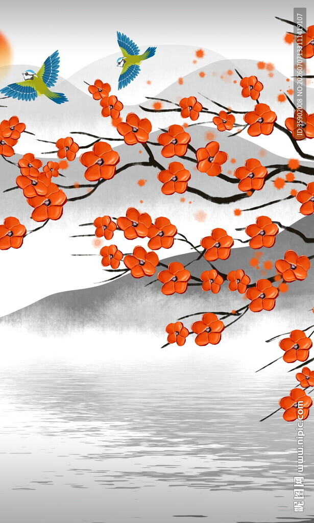 枝头飞鸟伴红枫美景