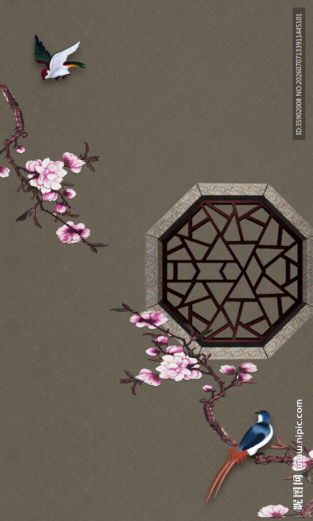 中式花鸟窗景图