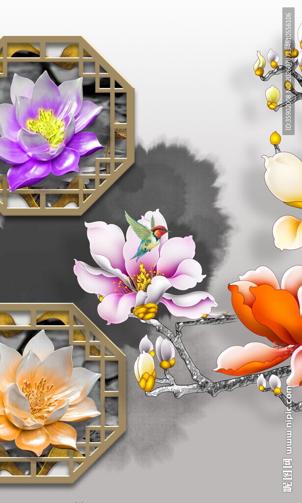中式古典花卉窗景图案
