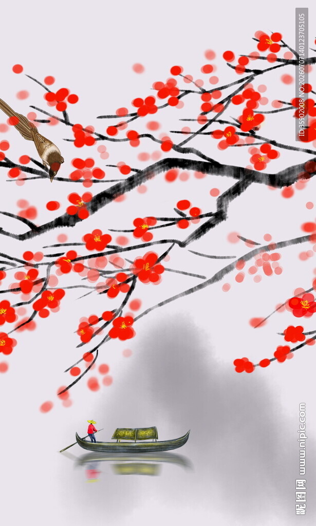 红梅映舟图