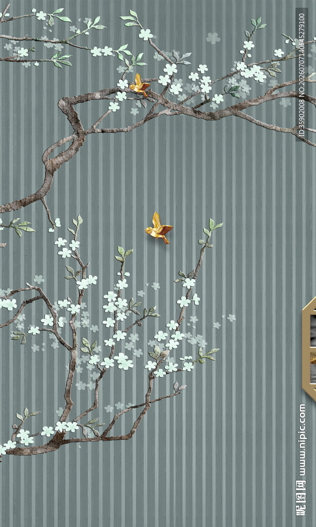 中式墙前绽放的素雅花枝