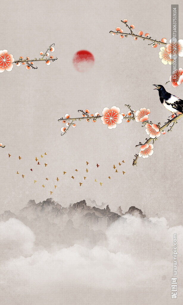 中式水墨风花鸟云雾图景