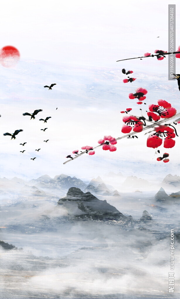 水墨山水红梅飞鸟图景