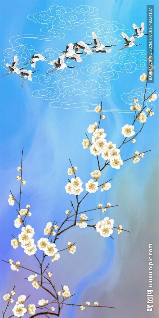 新中式工笔花鸟祥云仙鹤装饰画