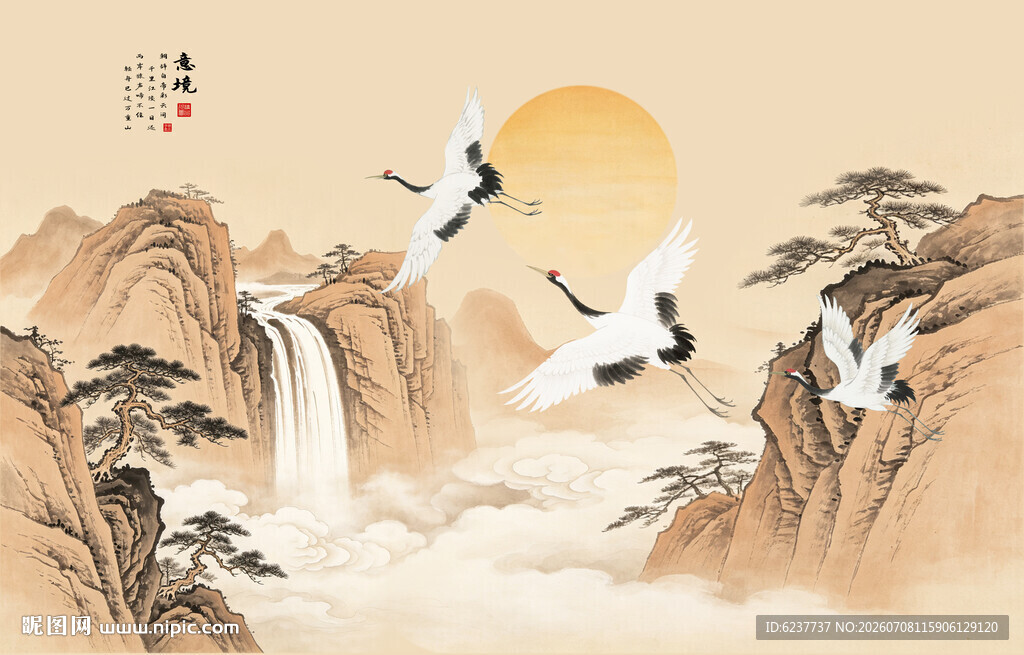 中国风仙鹤古风旭日山水背景图