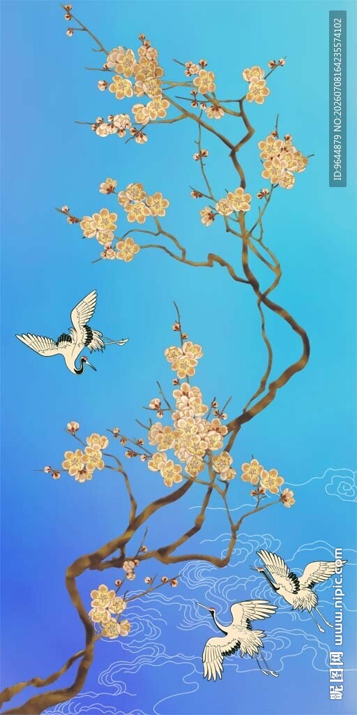 手绘花鸟仙鹤祥云玄关屏风背景墙