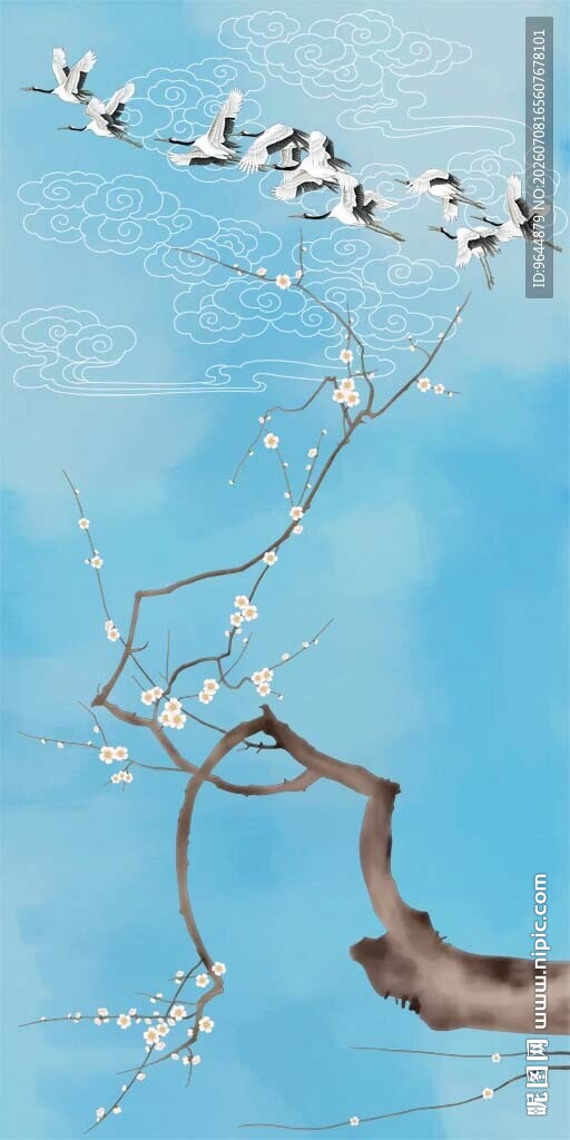 新中式工笔花鸟祥云仙鹤装饰画