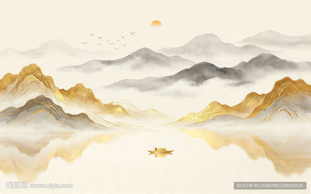 金箔金色山水画背景墙