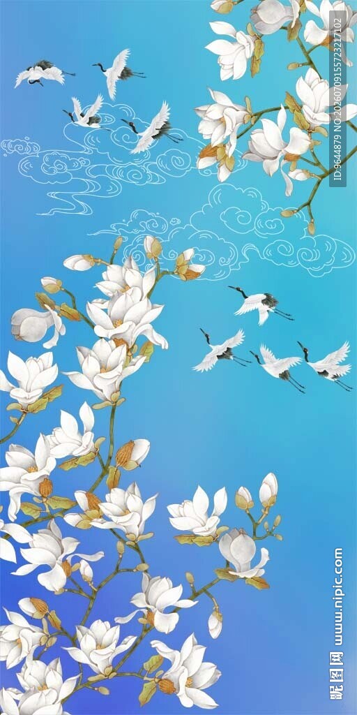 手绘花鸟画玉兰仙鹤祥云