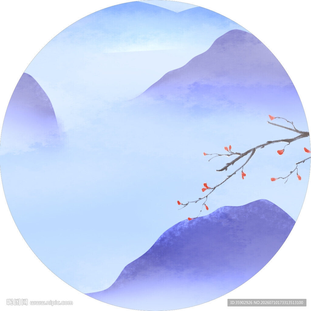 水墨山水间的红梅枝