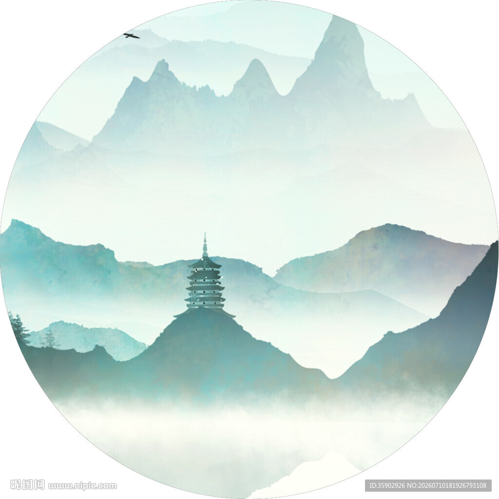 水墨山水间的古塔