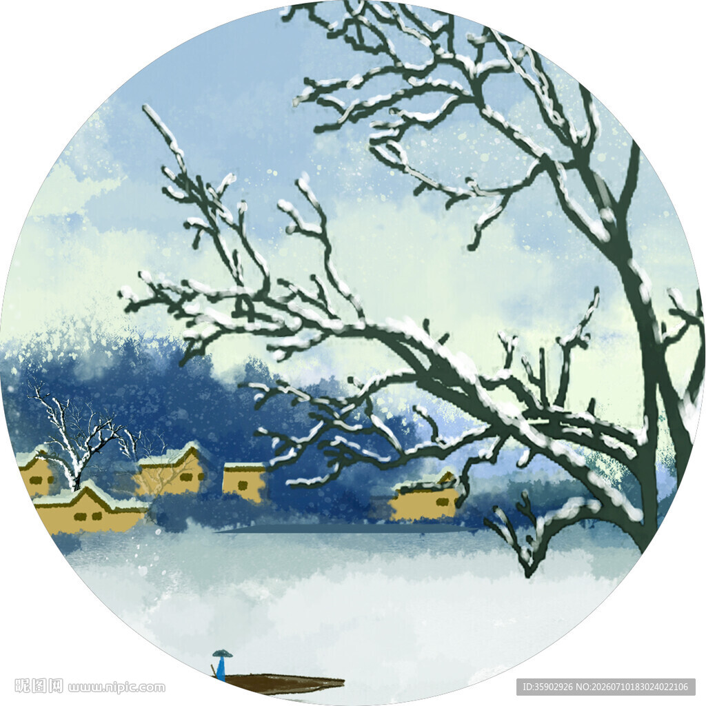 冬日湖畔静谧村落景象