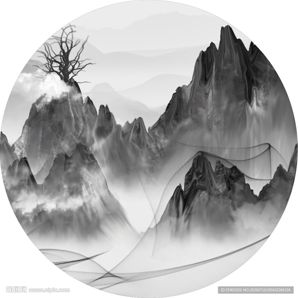 水墨山水间的孤树奇景