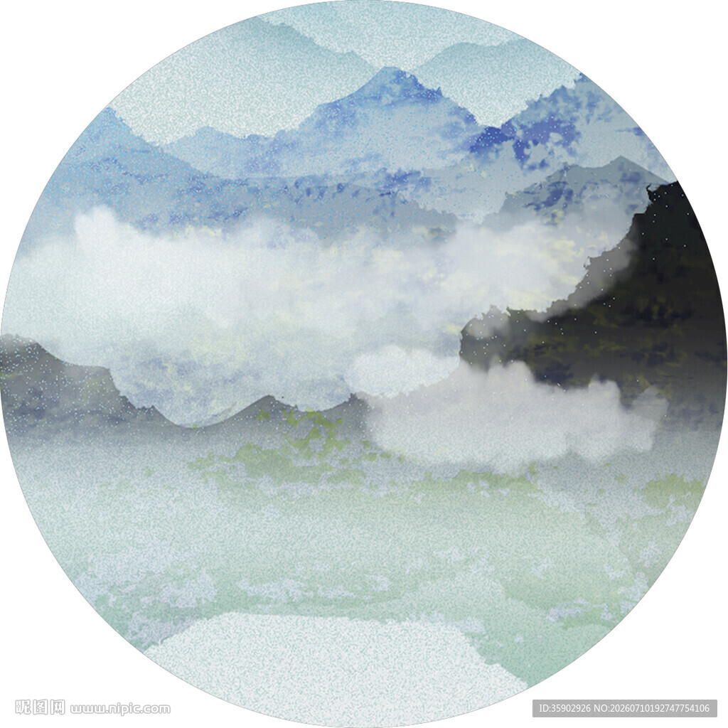 水墨山水圆形意境图
