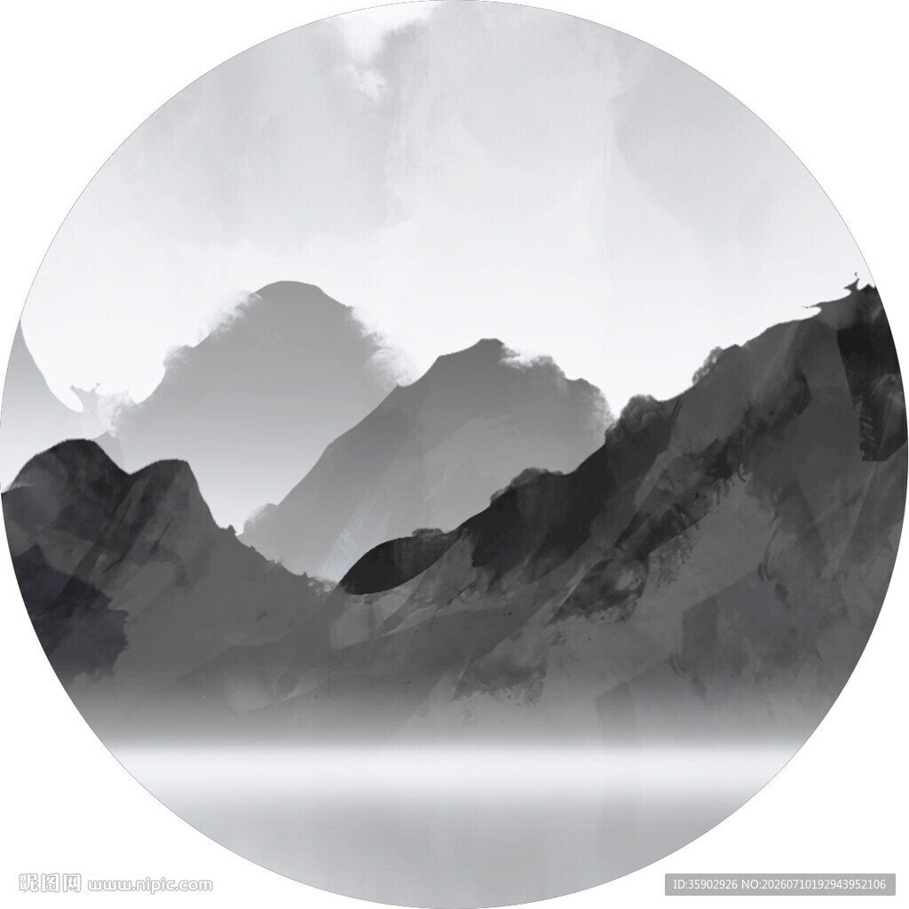 水墨山水圆形风景图