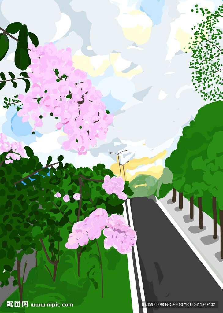 春日繁花盛开的林间小路