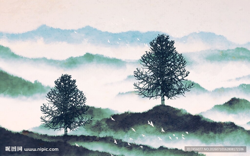 水墨山水间的两棵孤树背景墙