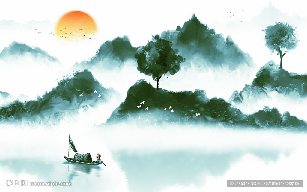 山水间孤舟伴落日背景墙