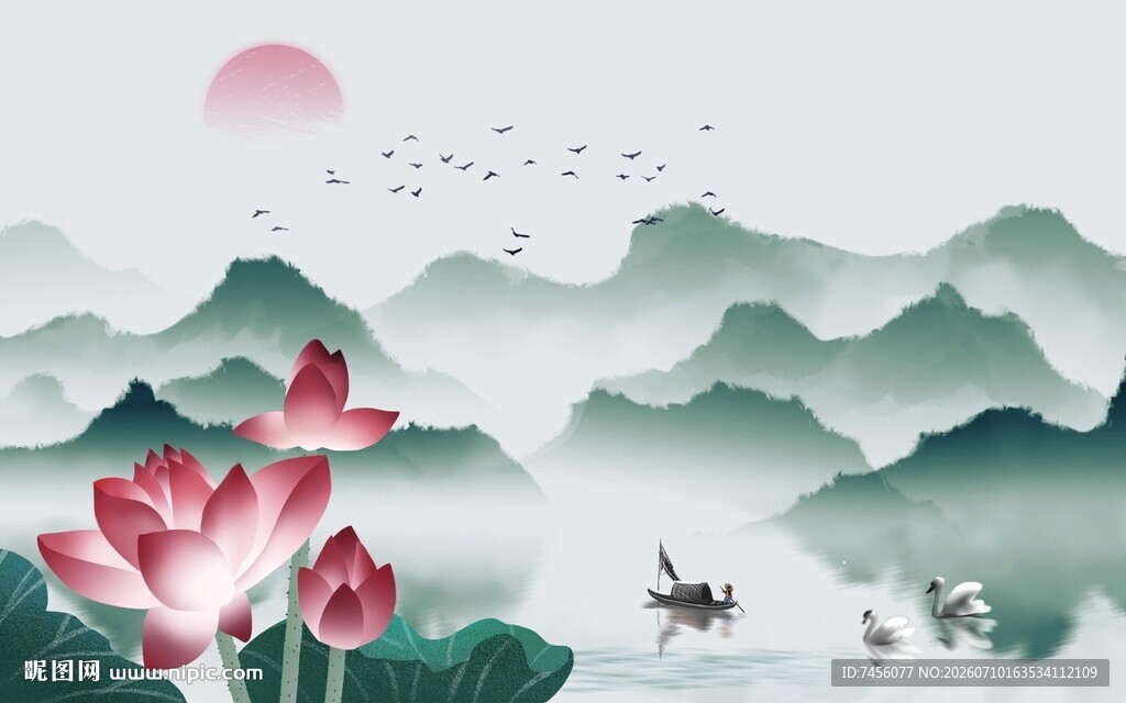 水墨山水间的荷花背景墙