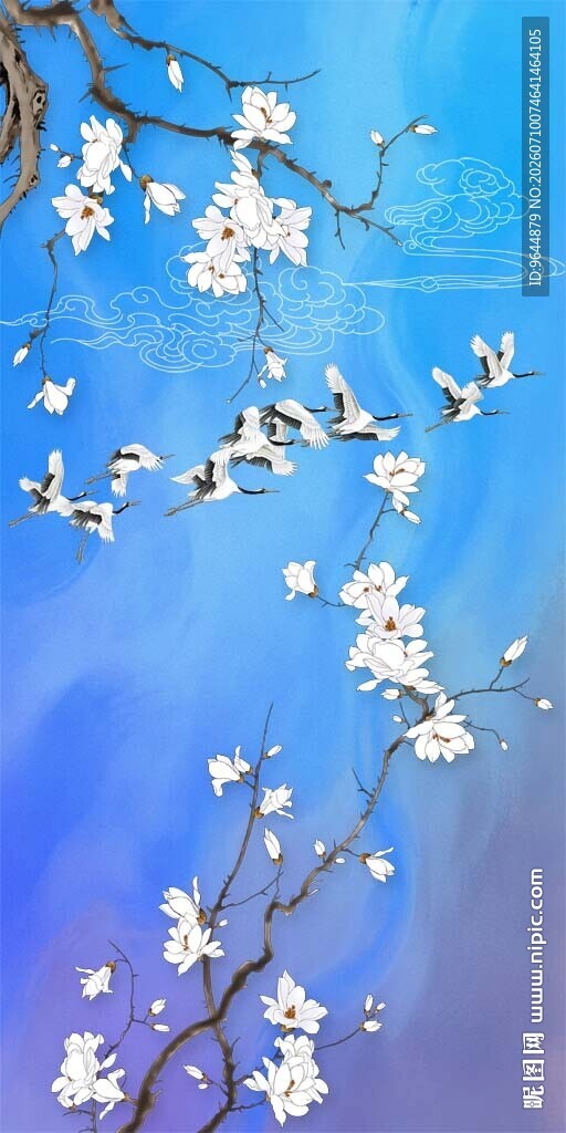 玉兰仙鹤祥云花鸟画