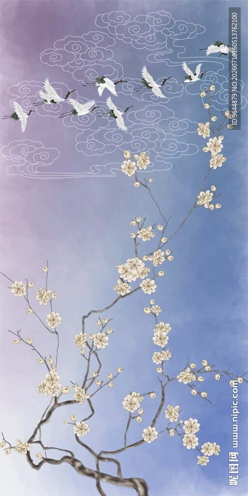 竖幅梅花祥云仙鹤图
