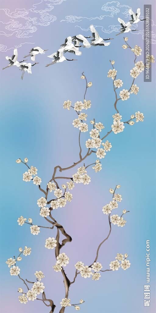 花鸟仙鹤祥云墙纸壁画
