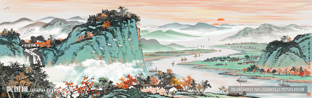 国画青绿山水丹顶鹤水墨画