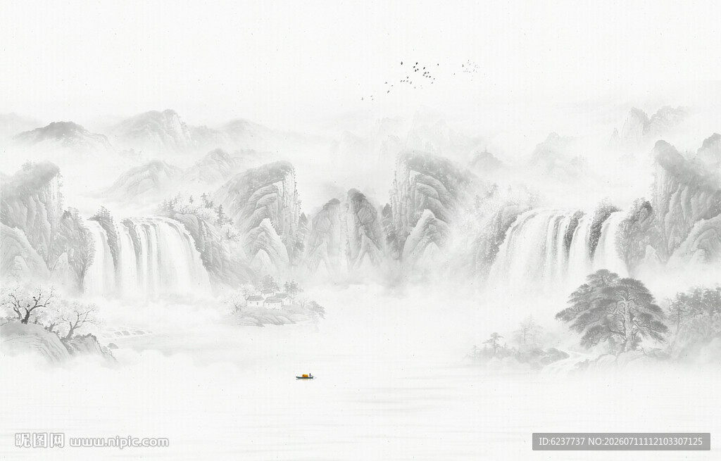 新中式意境水墨画山水背景墙