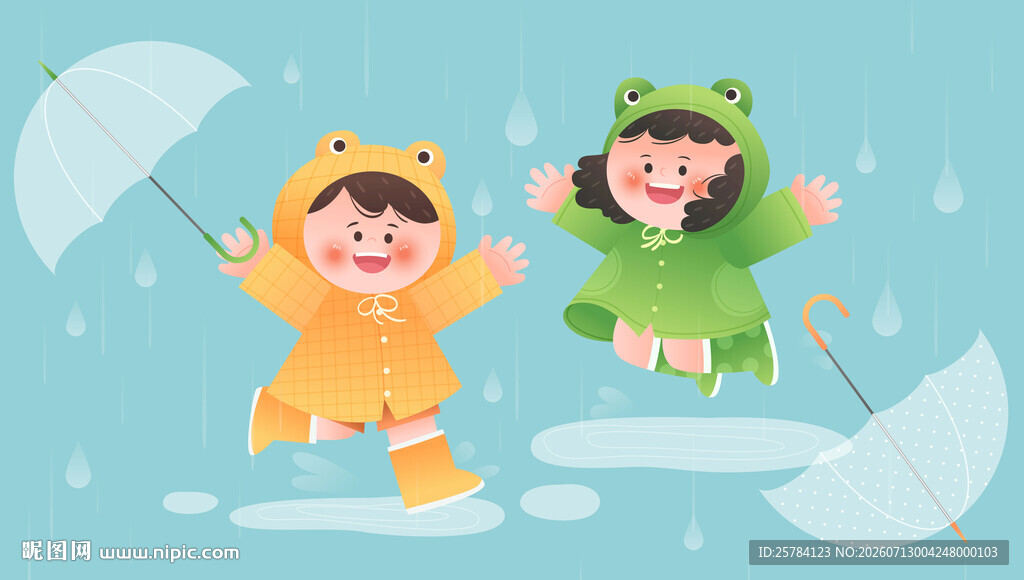 小朋友下雨天穿青蛙服雨衣玩耍