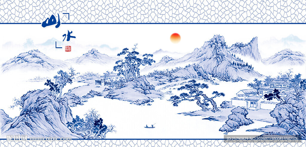 中式山水青花瓷风插画