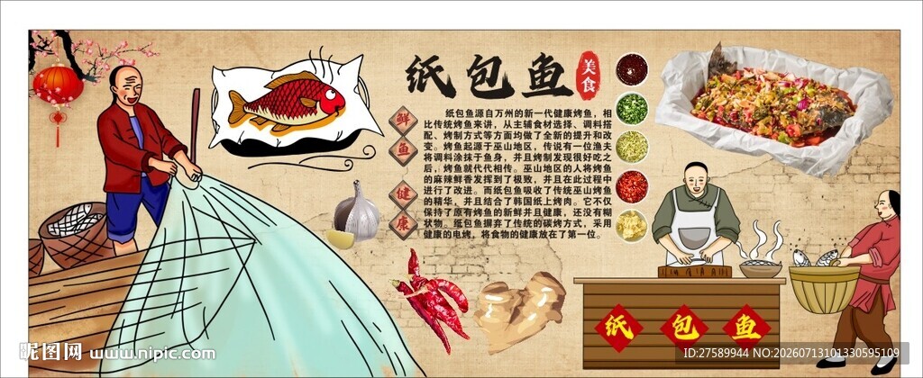 古风纸包鱼背景墙装饰画