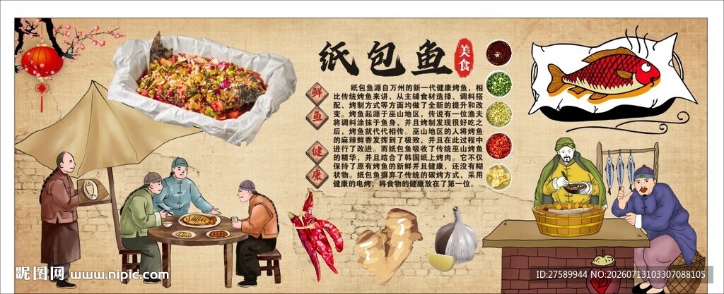 古风纸包鱼背景墙装饰画