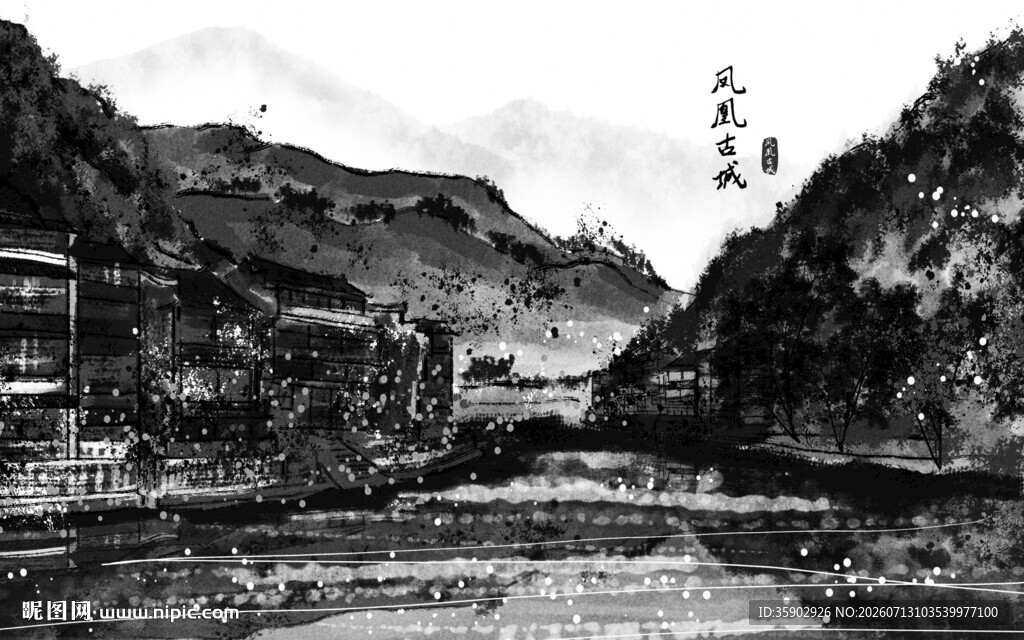 黑白山水风景图背景墙