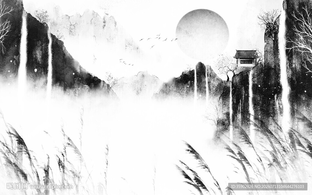 水墨意境下的朦胧山水景