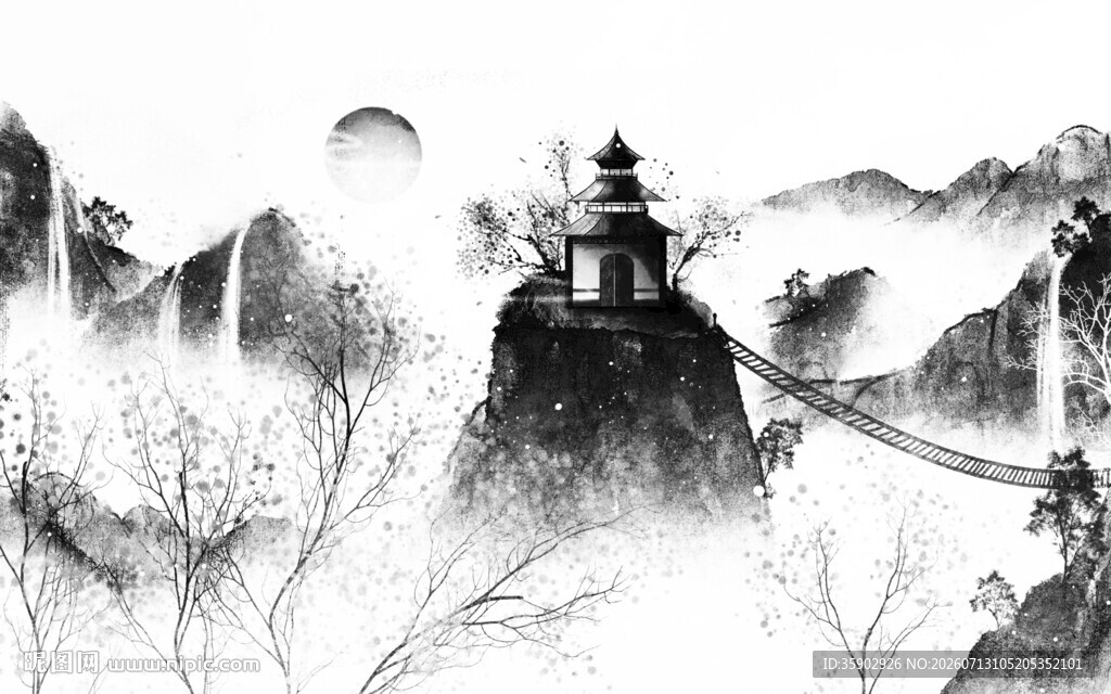 水墨山水间的孤塔景致