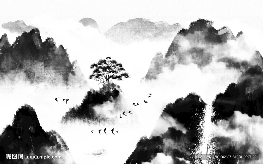 水墨山水瀑布景观图