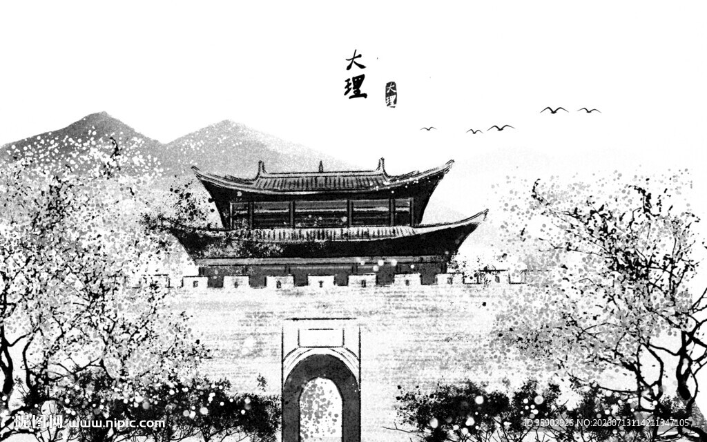 古风城楼远山飞鸟景致