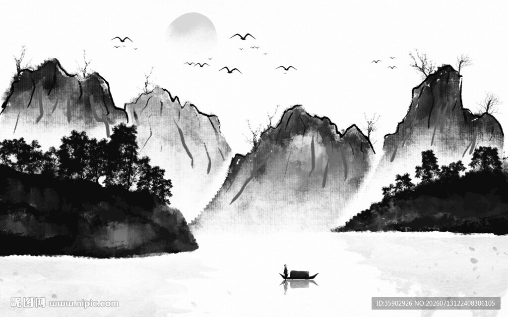 水墨山水间的孤舟意境