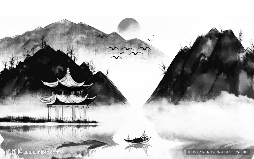 水墨山水间的孤舟意境