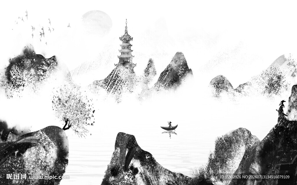 水墨山水间的孤舟与古塔