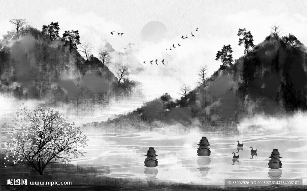 水墨山水间的悠然泛舟景