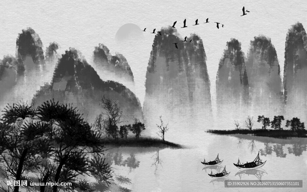 水墨山水间的悠然景致背景墙
