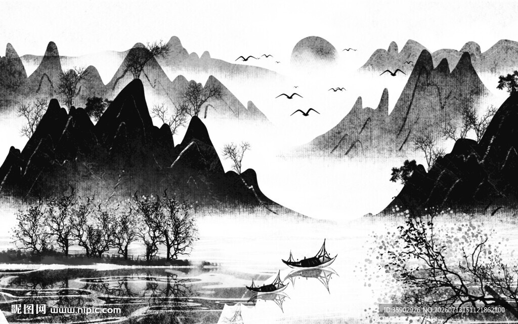 水墨山水间的孤舟之景背景墙