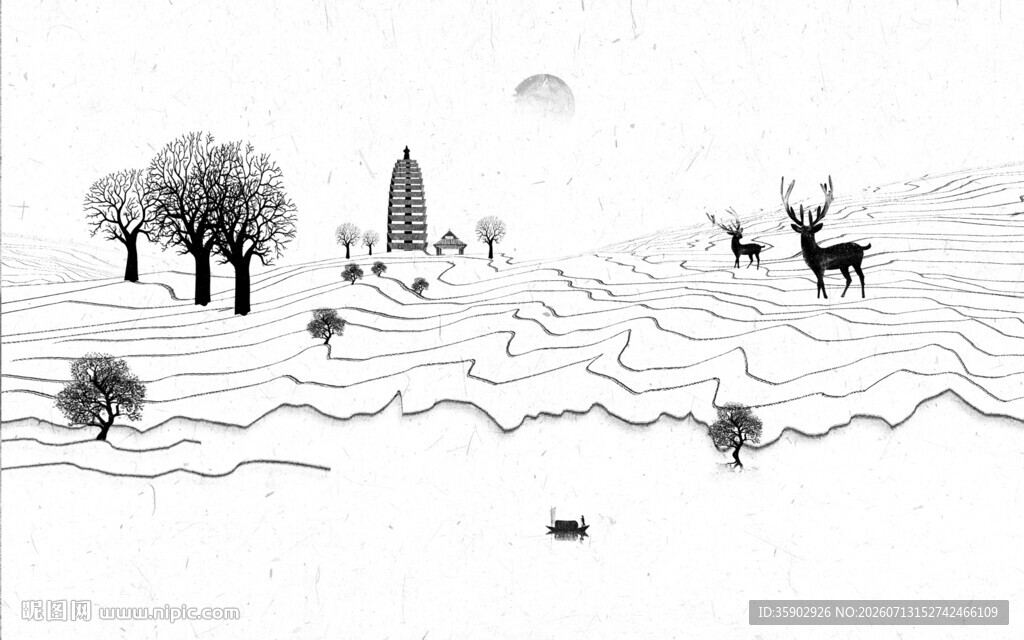 黑白手绘风自然风景画面