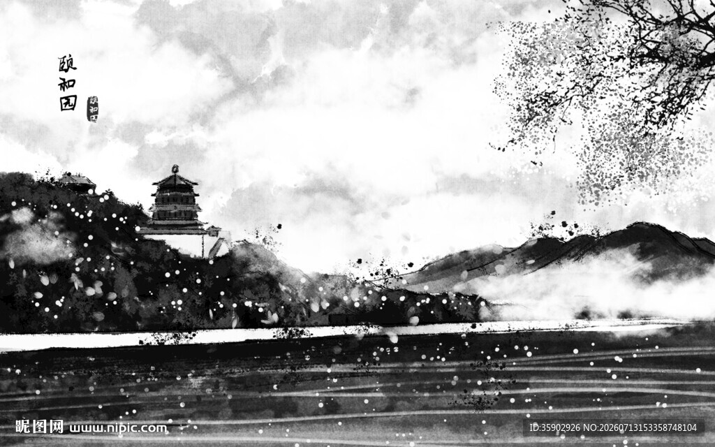 水墨山水间的古典景致背景墙