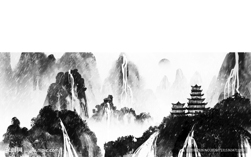水墨山水间的古韵楼阁