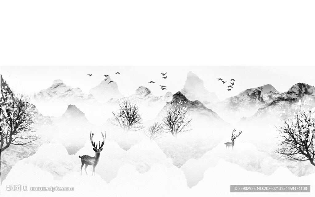 水墨山水间的灵动小鹿