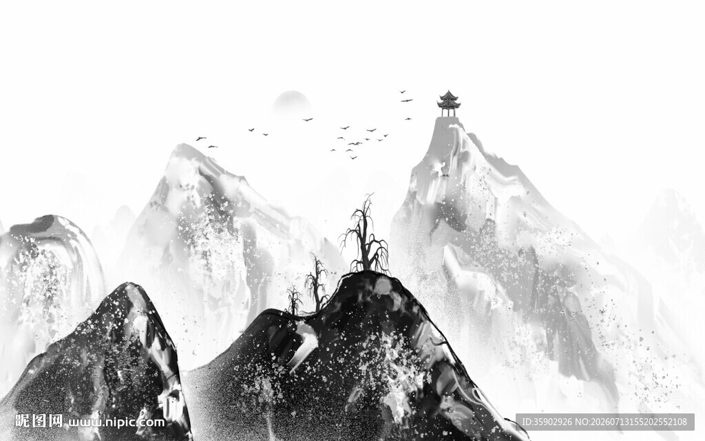 水墨风格巍峨群山景观